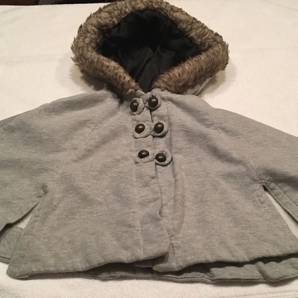 Max Studio baby size 3T gray hooded poncho coat faux fur trim button front